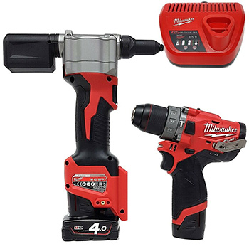 Milwaukee aku set - vibraciona bušilica-odvijač 12V + aku alat za pop nitne 12V + punjač + 2 baterije + kofer M12 FPP2S-422X SET (MIL 4933471682)